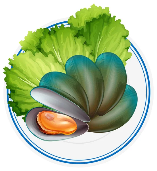 Mejillón hervido y verduras en el plato — Vector de stock