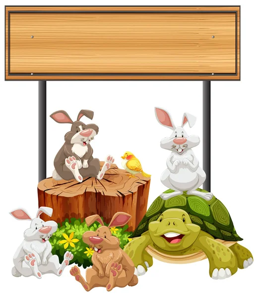 Houten bord met konijnen en schildpad — Stockvector