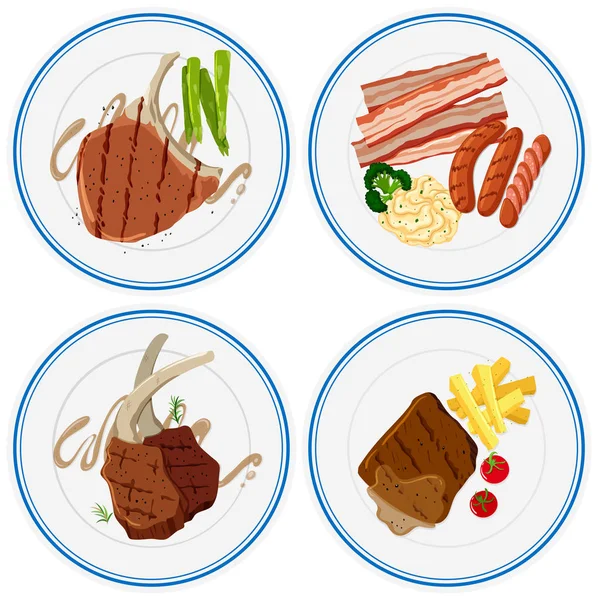 Verschillende gegrilde vlees op platen — Stockvector