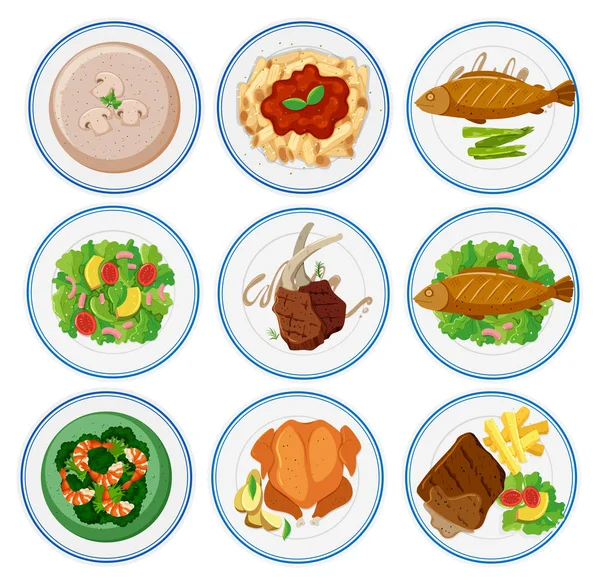 Различные виды пищи на круглых тарелках — стоковый вектор
