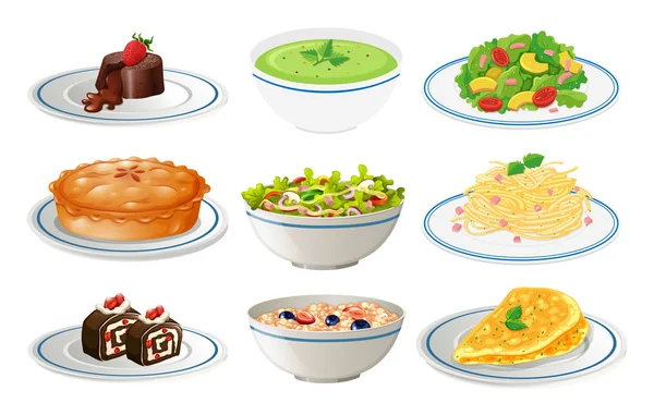 Verschiedene Arten von Lebensmitteln auf weißen Tellern — Stockvektor