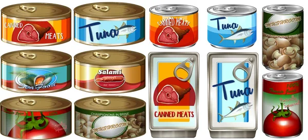 Diferentes alimentos en latas de aluminio — Archivo Imágenes Vectoriales