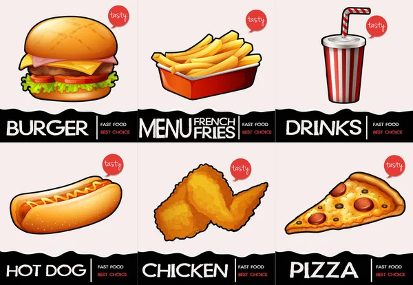 Diferentes tipos de fast food no menu —  Vetores de Stock