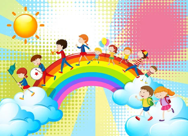 Niños tocando música en banda sobre el arco iris — Vector de stock