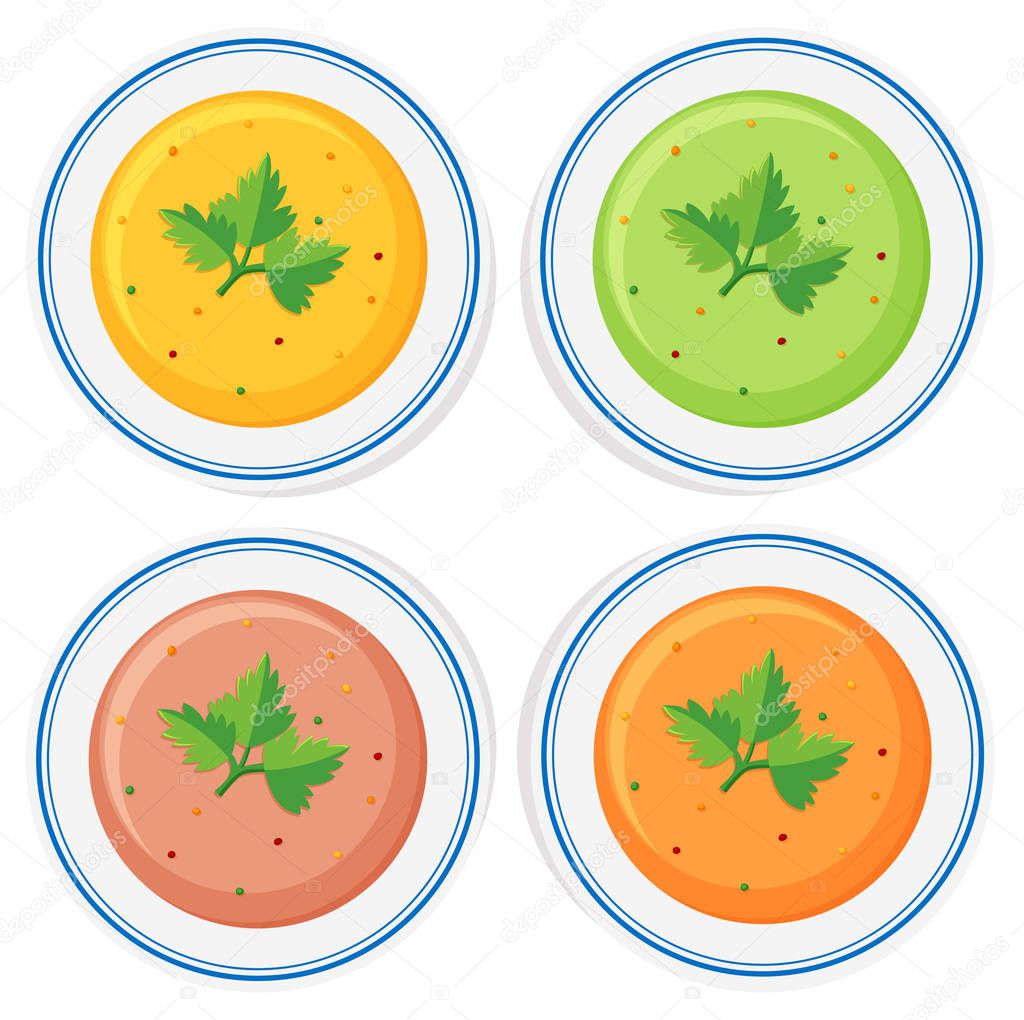 Different types of soup in bowls