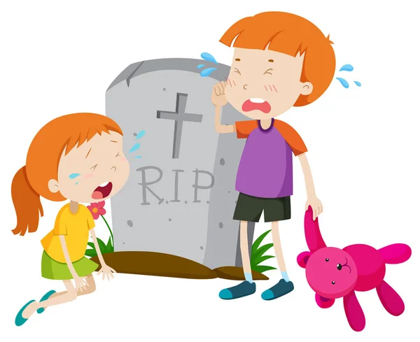 Two kids crying at gravestone — Stock Vector