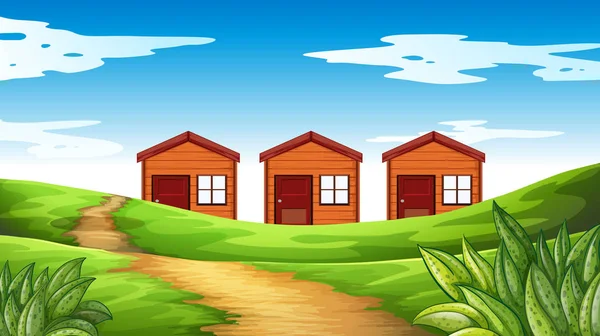 Tre case sul campo — Vettoriale Stock