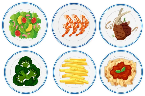 Diferentes tipos de alimentos en platos — Archivo Imágenes Vectoriales