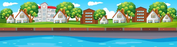 Seamless scene with houses along river — Stock Vector