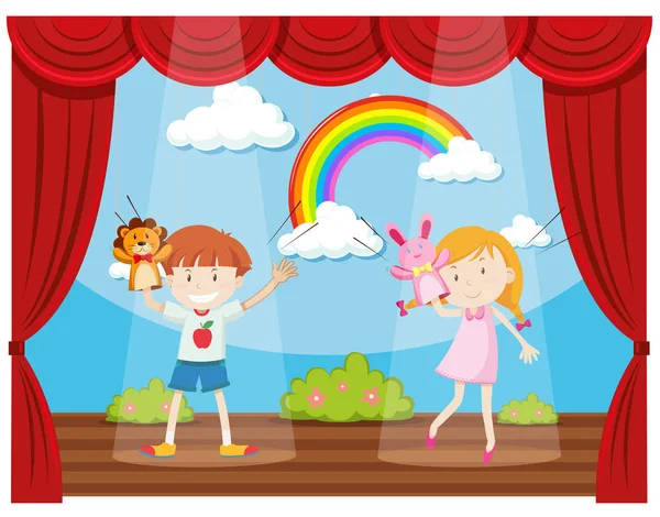 Niño y niña haciendo espectáculo de marionetas en el escenario — Vector de stock