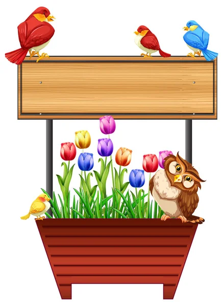 Sinal de madeira com pássaros e flores — Vetor de Stock