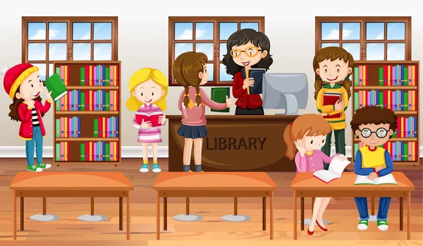 Kinderen die boeken lezen in de bibliotheek — Stockvector