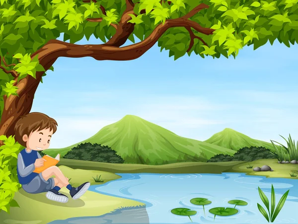 Мальчик читает книгу у пруда — стоковый вектор