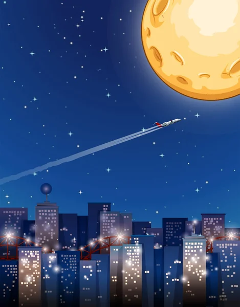 Avión volando en noche de luna llena — Archivo Imágenes Vectoriales