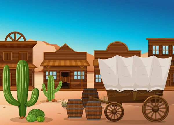 Wooden wagon and building in desert — Stock Vector