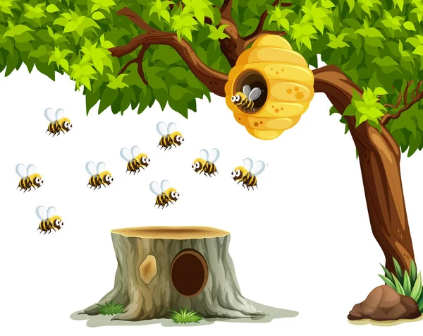 Abelhas voando ao redor da colmeia na árvore — Vetor de Stock