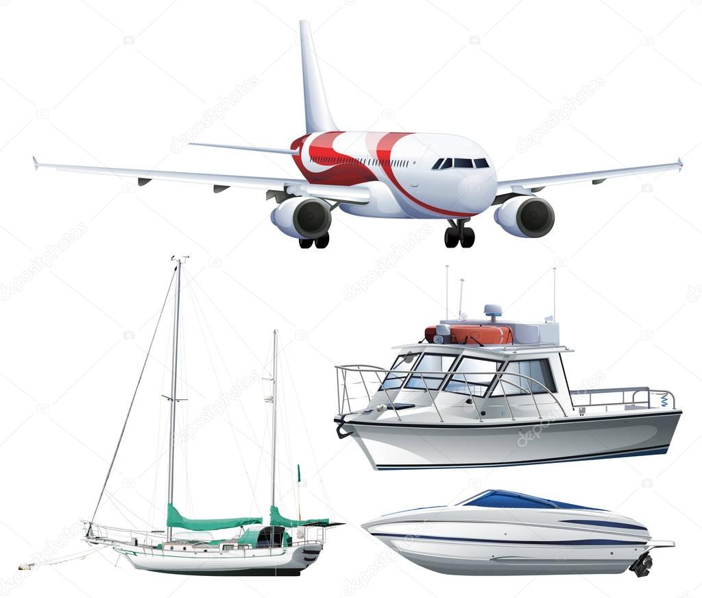 Ships and airplane on white background