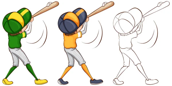 3 つの異なる描画スタイルで野球選手 — ストックベクタ