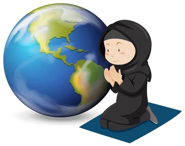 Chica musulmana en traje negro rezando — Vector de stock