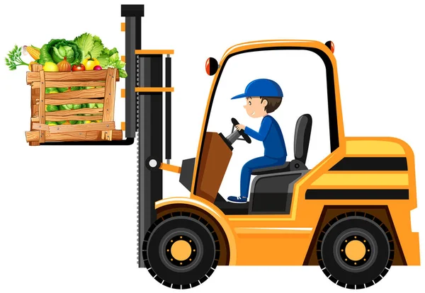 Człowiek podnoszenia łyżki warzyw z wózka widłowego — Wektor stockowy