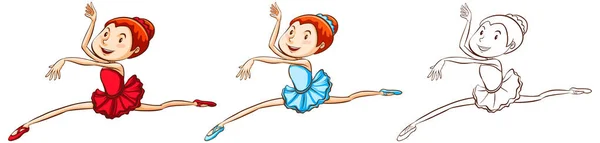 Ballerina in drie verschillende stijlen, tekening — Stockvector