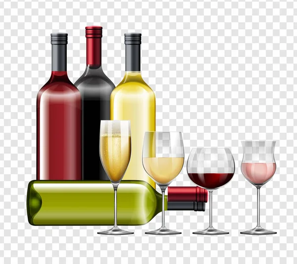 Различные типы вина и бокалов — стоковый вектор