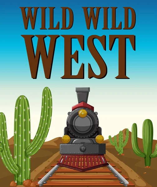 Άγρια Δύση αφίσα με το τρένο στην έρημο — Διανυσματικό Αρχείο