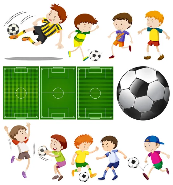 Football players in different actions and football fields — Stock Vector