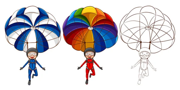 Tres estilos de dibujo del hombre paracaídas — Vector de stock
