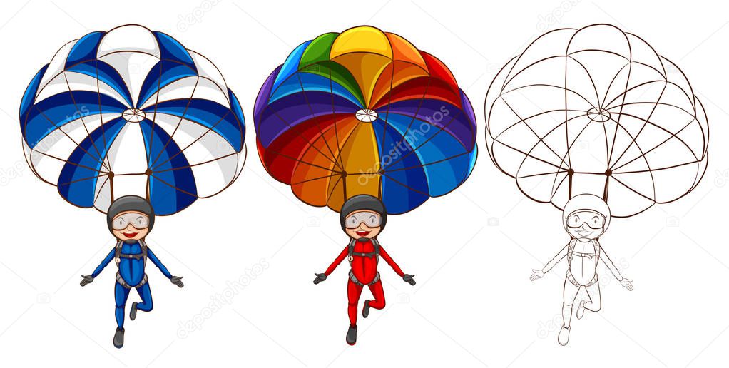 Three drawing styles of man parachute