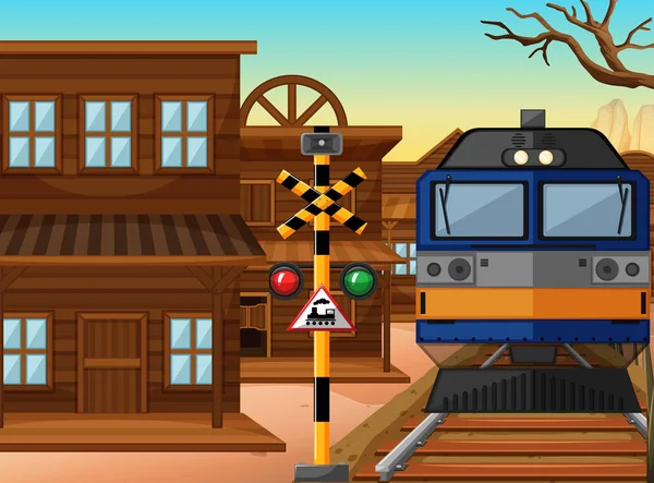 Train ride through western town — Stock Vector