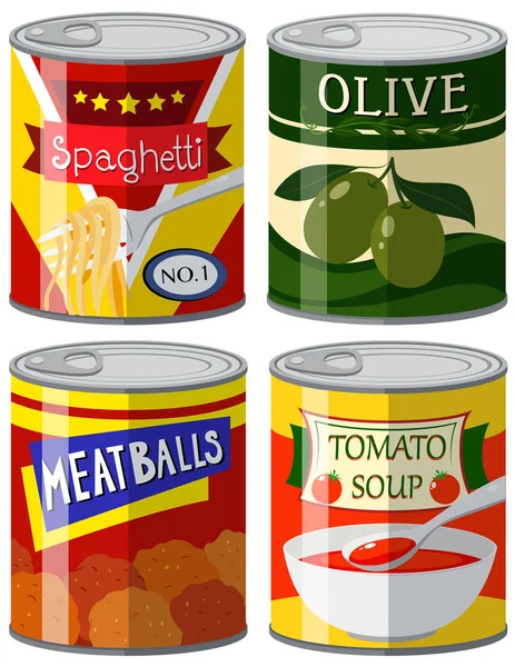 Four types of canned food in set — Stock Vector