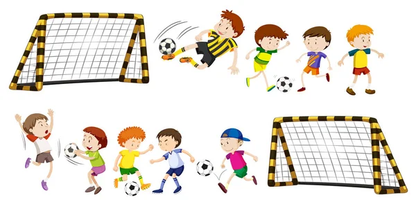 Football goal and boys playing ball — Stock Vector