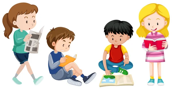 Quatre enfants lisant des livres — Image vectorielle