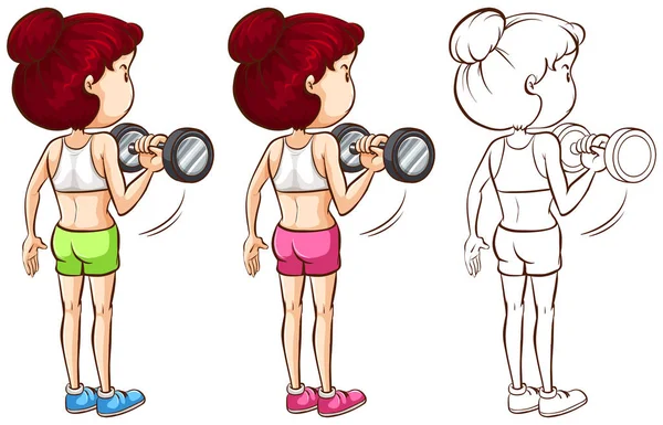 Personaje de Doodle para mujer haciendo entrenamiento con pesas — Vector de stock