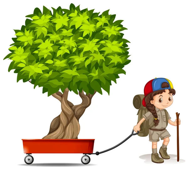 Menina puxando vagão com árvore verde — Vetor de Stock