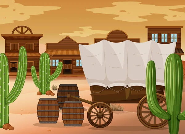 Western town scene with wooden wagon — Stock Vector