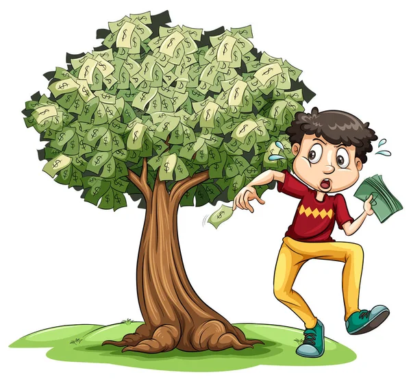 Man holding money and money tree in background — Stock Vector