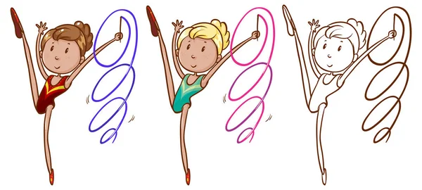 Personagem doodle para menina fazendo ginástica com fita —  Vetores de Stock