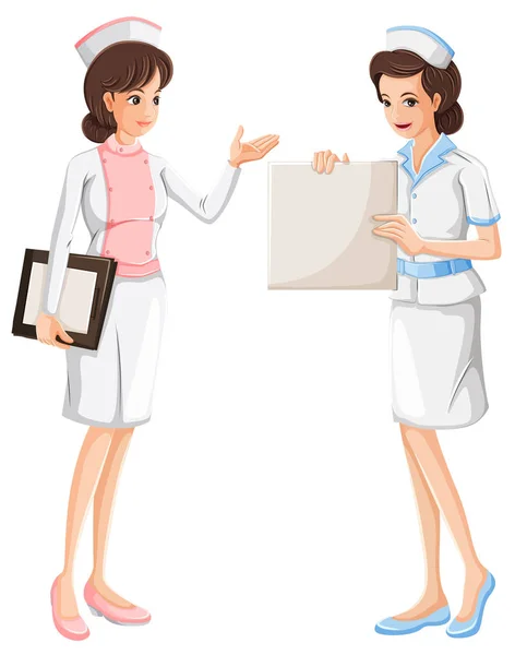 Dos enfermeras en uniforme azul y rosa — Vector de stock