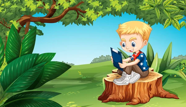 Jongen lezen in het park — Stockvector