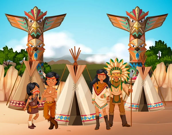 Native american indians at camp site — Stock Vector