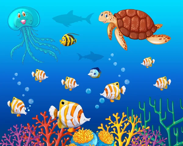 Many types of sea animals under the ocean — Stock Vector