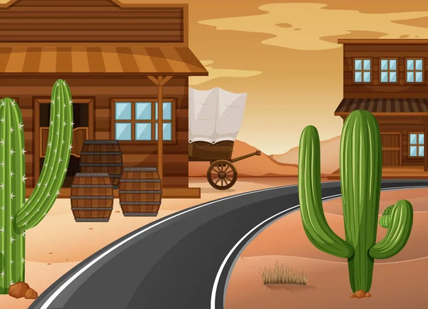 Ciudad occidental con edificios y cactus — Vector de stock