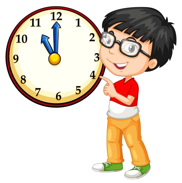 Asian boy looking at big clock — Stock Vector