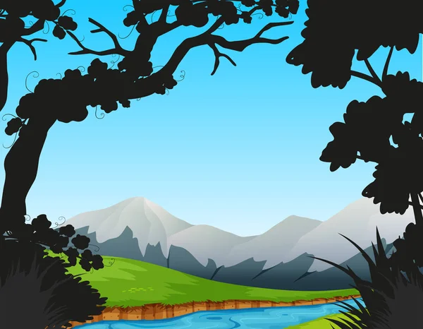 Forest scene with river and mountains