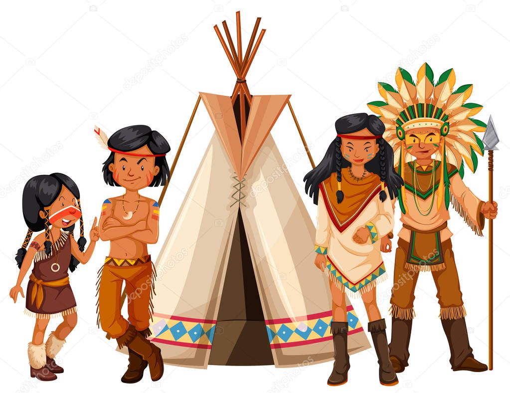Native american indians standing by the teepee