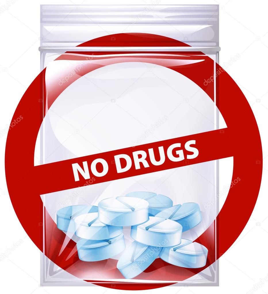 No drugs sign with pills in bag