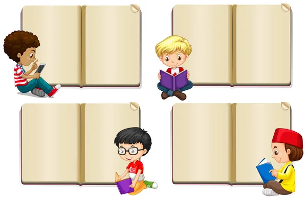 Пустой шаблон книги с мальчиками, читающими — стоковый вектор