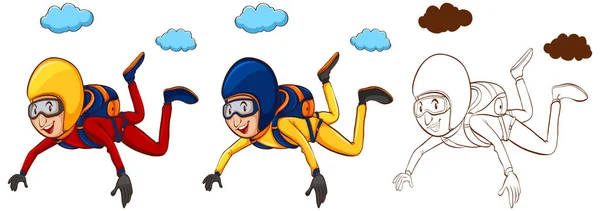 Hombre haciendo paracaídas en tres bocetos — Vector de stock